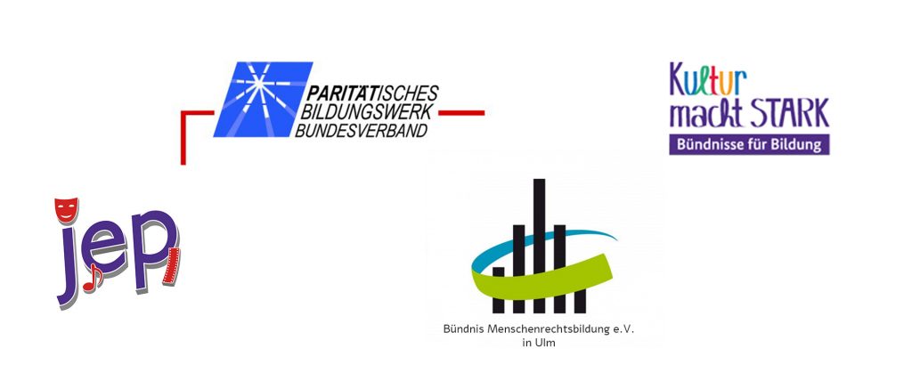 Logos von PBB, Bündnis Menschenrechte Ulm e.V., Kunst macht stark und JEP